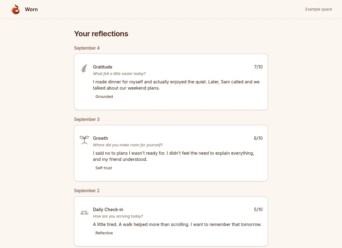 Worn's saved reflection journal with fictional personal entries and prompts.