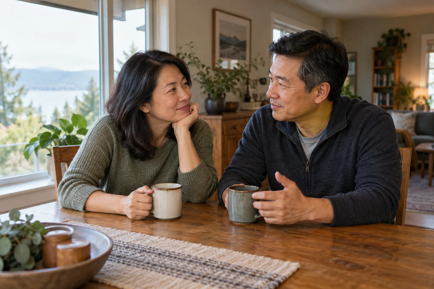 Two adults talking over coffee at home.