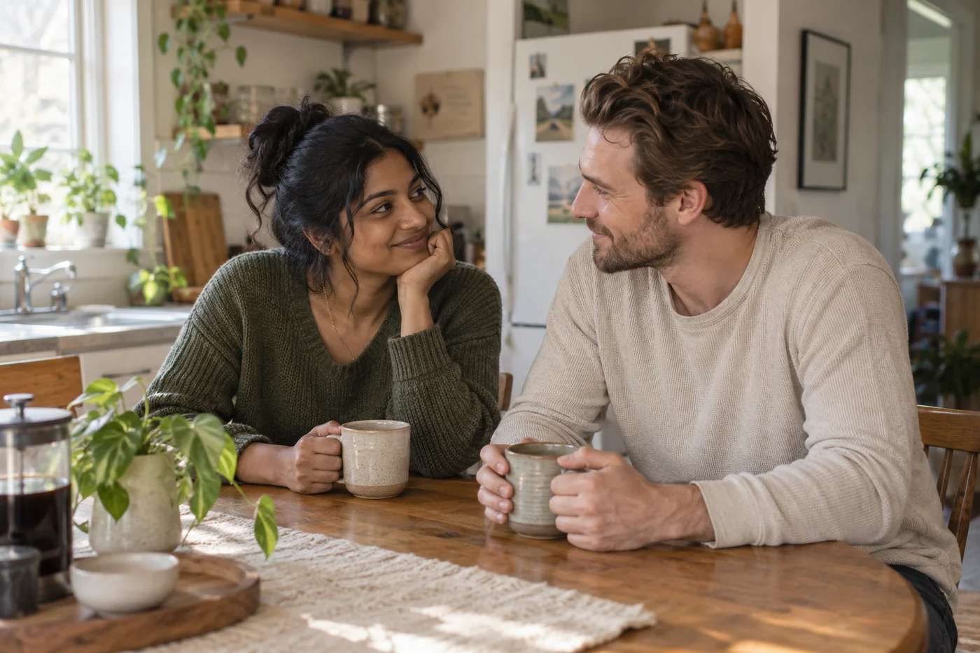 Two adults talking over coffee at home.