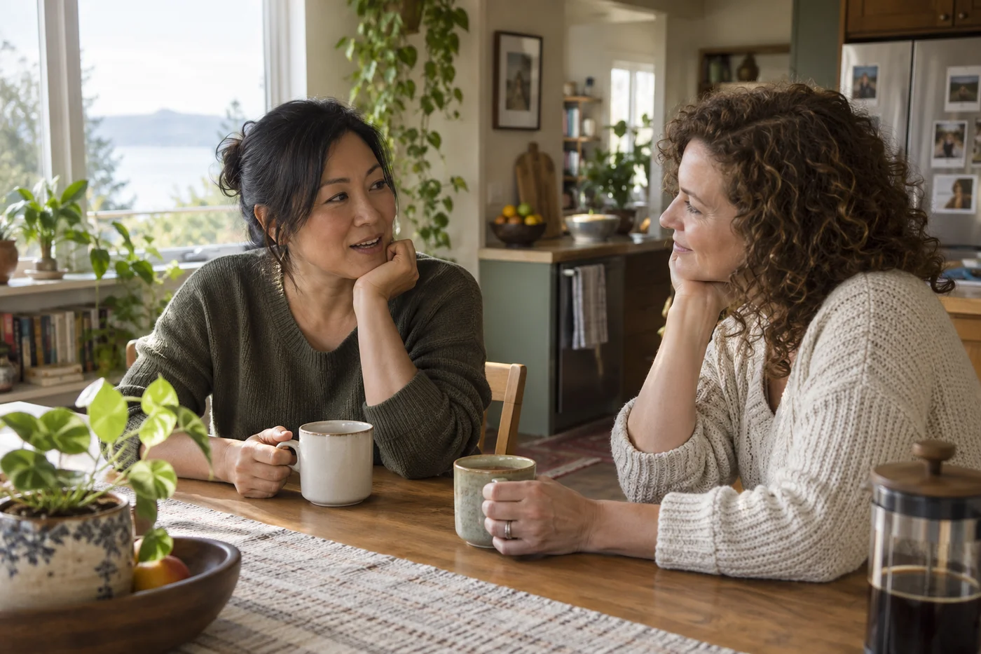 Two adults talking over coffee at home.