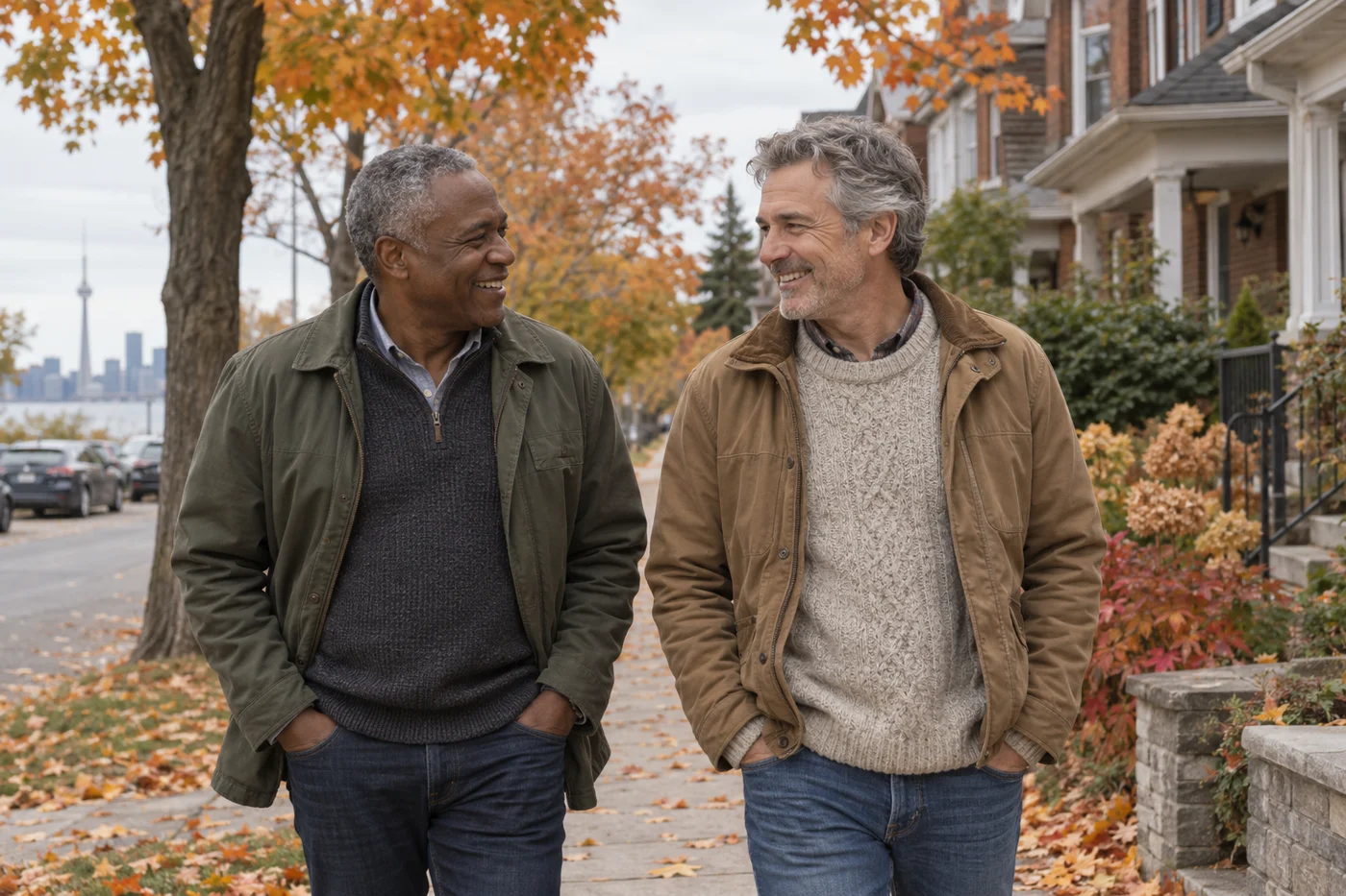Two adults walking together on an autumn neighborhood street.