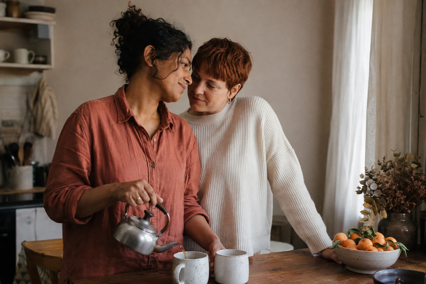 Two women sharing a quiet moment while pouring tea in their kitchen.
